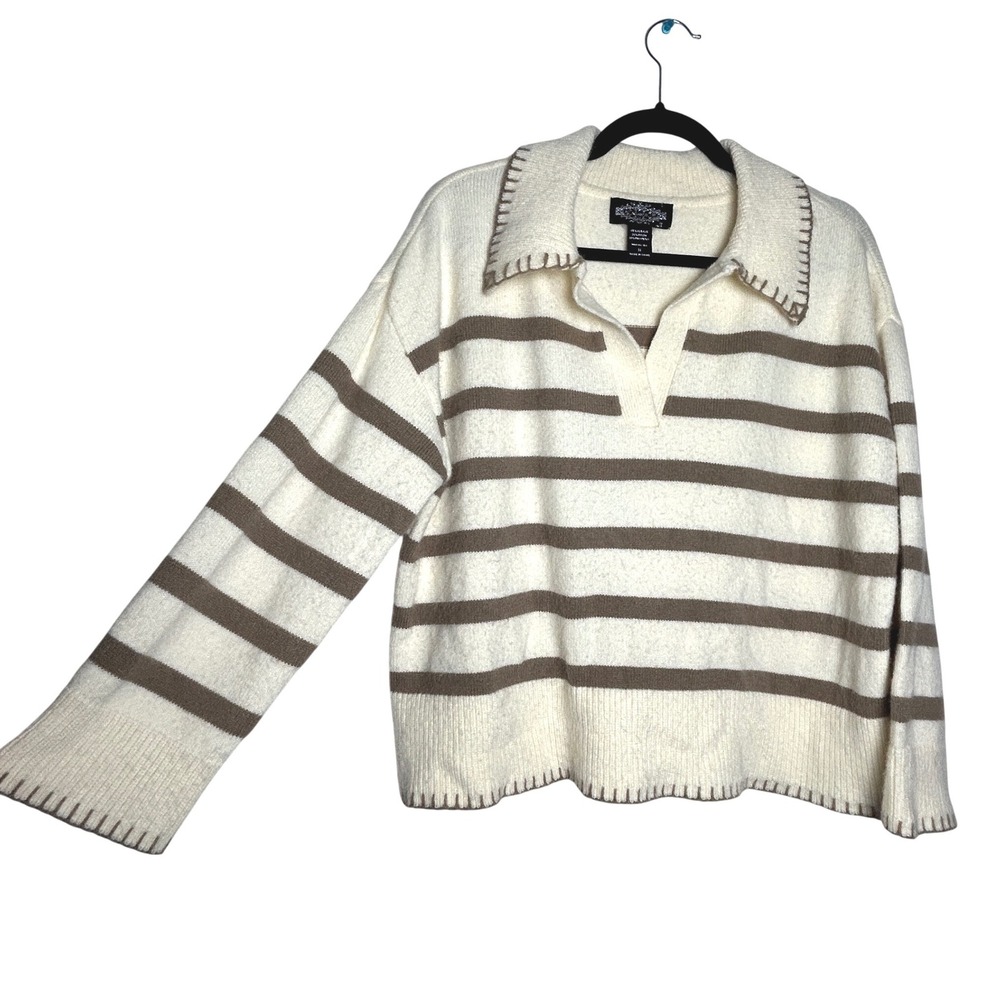 Oliver.o Escio M Coastal Academia Striped Polo Sweater Cream Brown Whipstitch